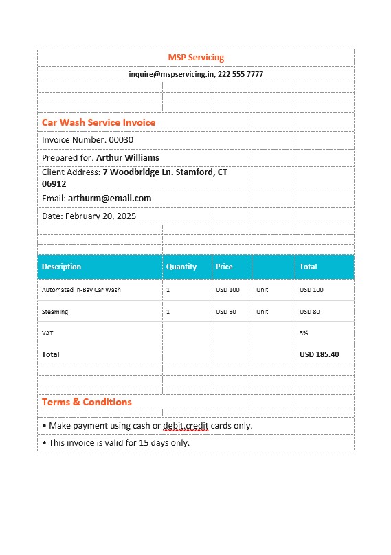 Car Wash Service Invoice Template PSD template